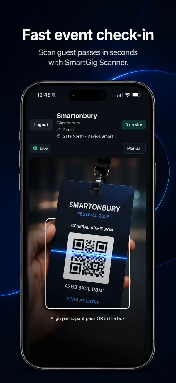 SmartGig Scanner app QR scanning screen for event check-in