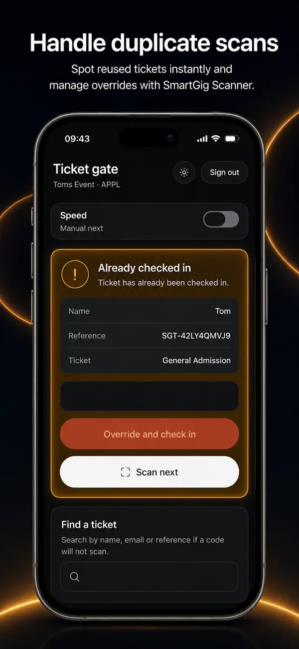 SmartGig Scanner app manual lookup screen for finding a participant without a QR code