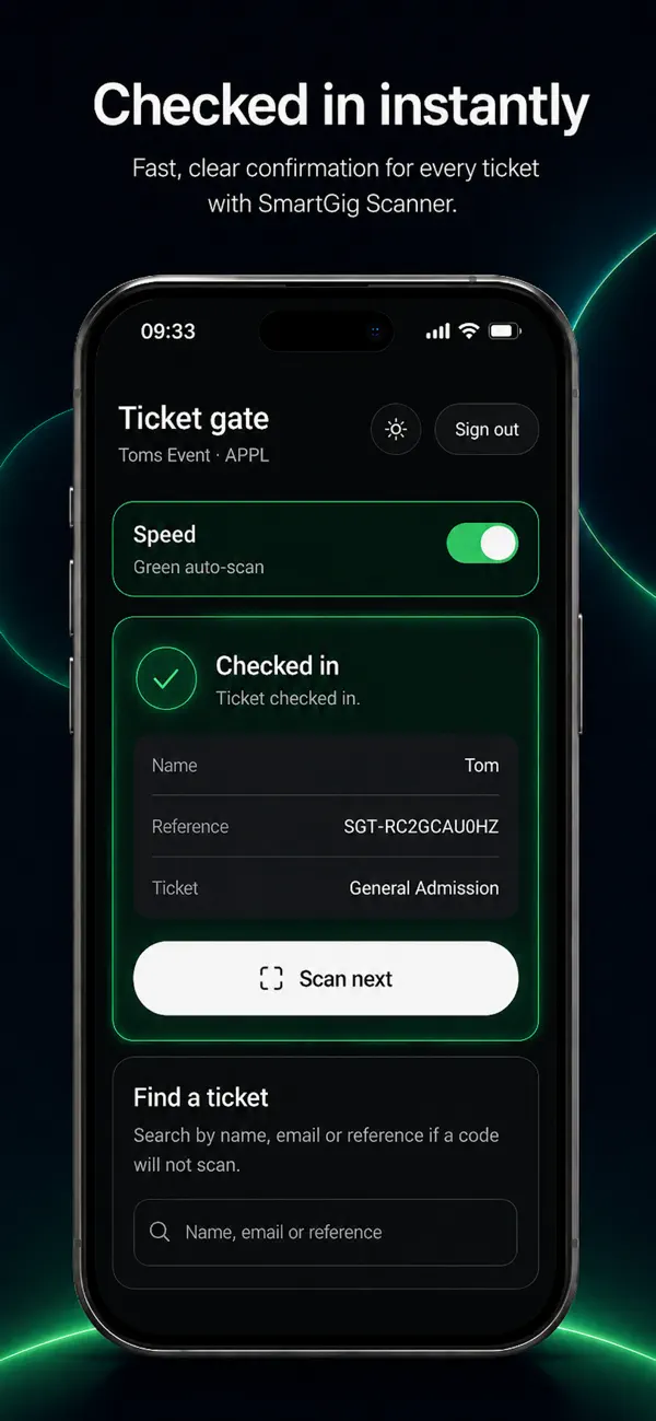 SmartGig Scanner app check-in result screen confirming an arrival