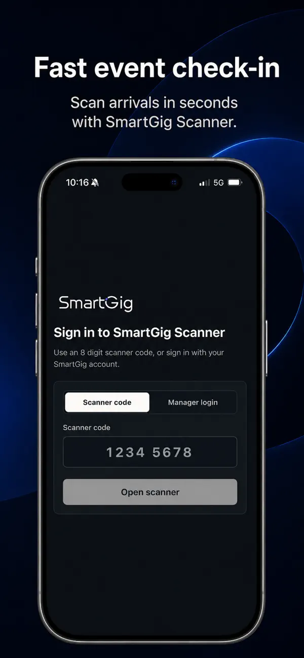 SmartGig Scanner app home screen showing authorised event check-in access